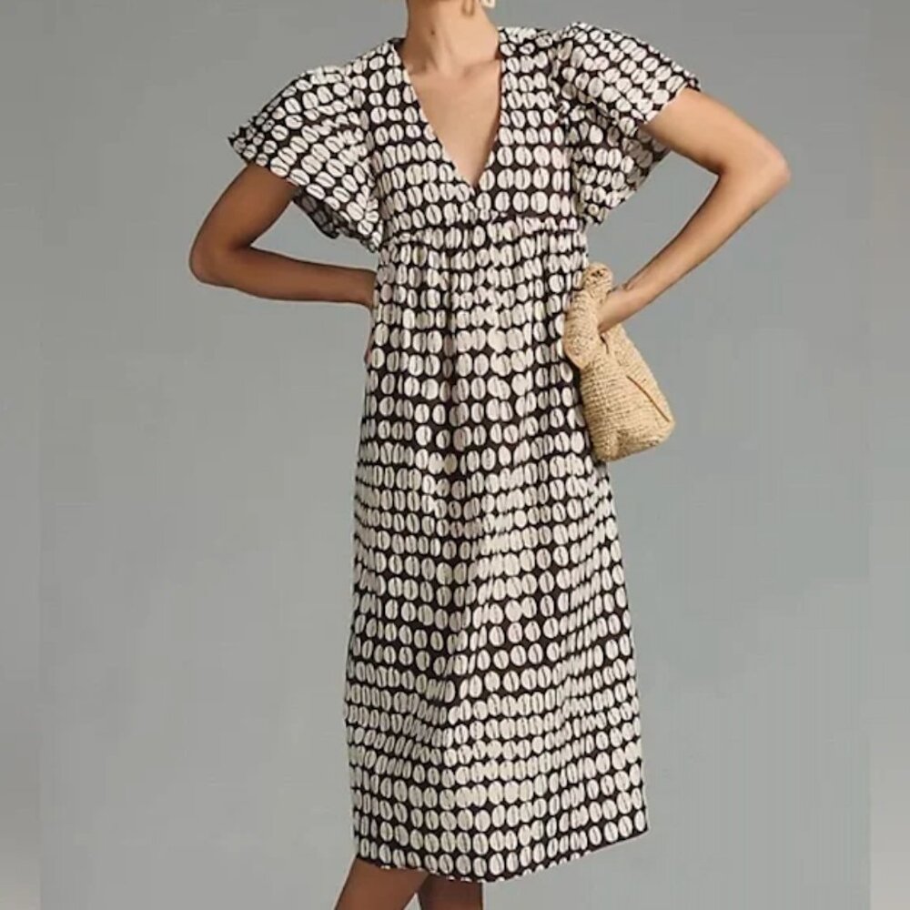 Anthropologie Maeve Printed Flutter Sleeve Babydoll  Dress Cocoa